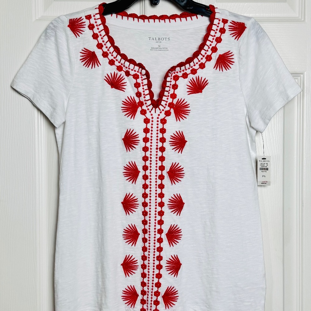 NWT Talbots Red & White Embroidered Boho Top, Size Small Petite